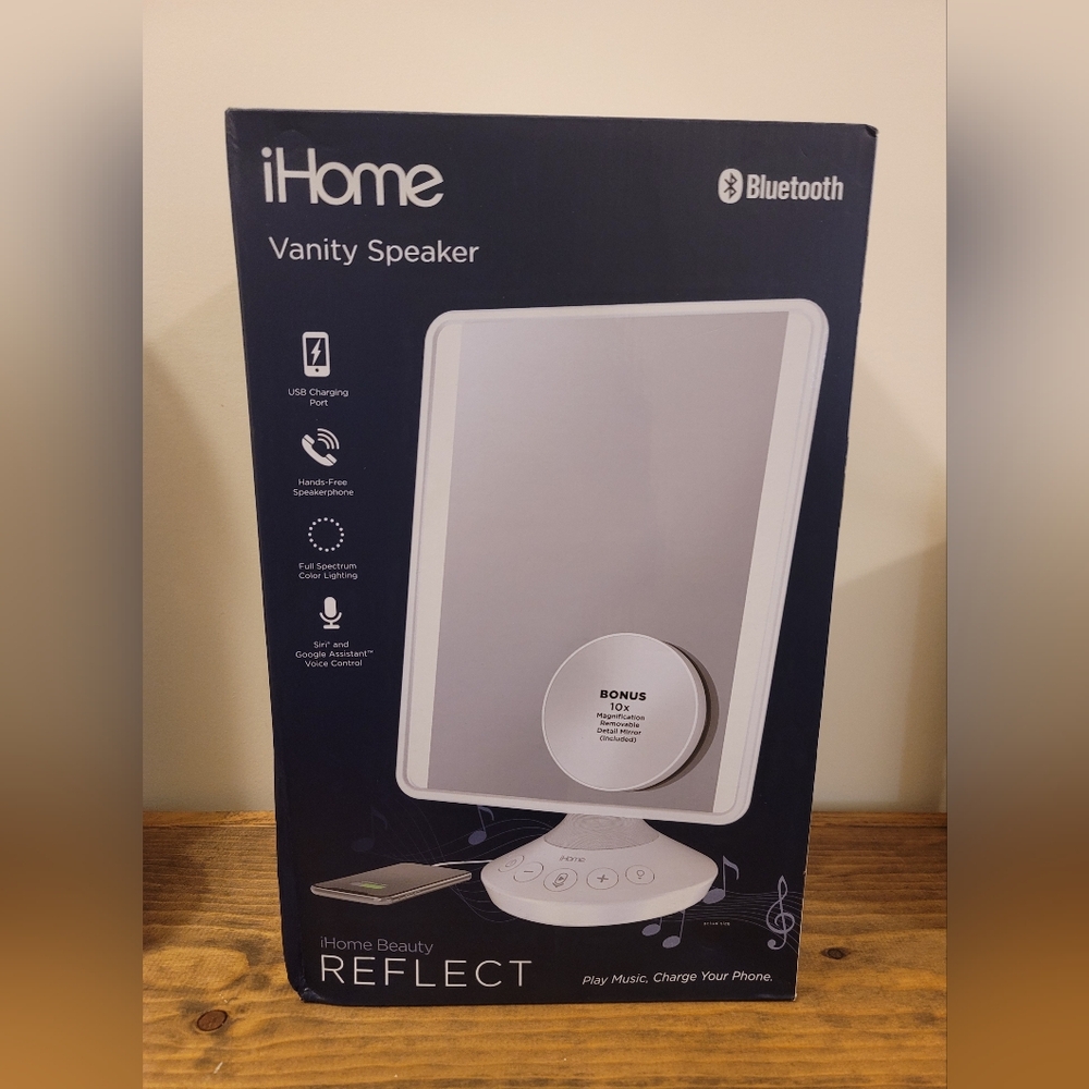 iHome Freestanding Magnifier Mirror with Bluetooth Audio & Speaker, LED Lighting
